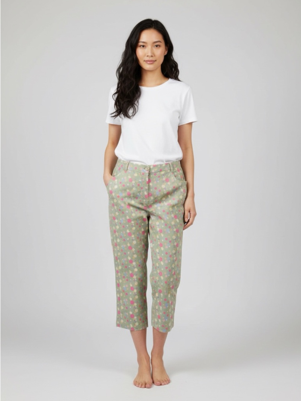 April Cornell Green Cropped Pants with Pink Polka Dots